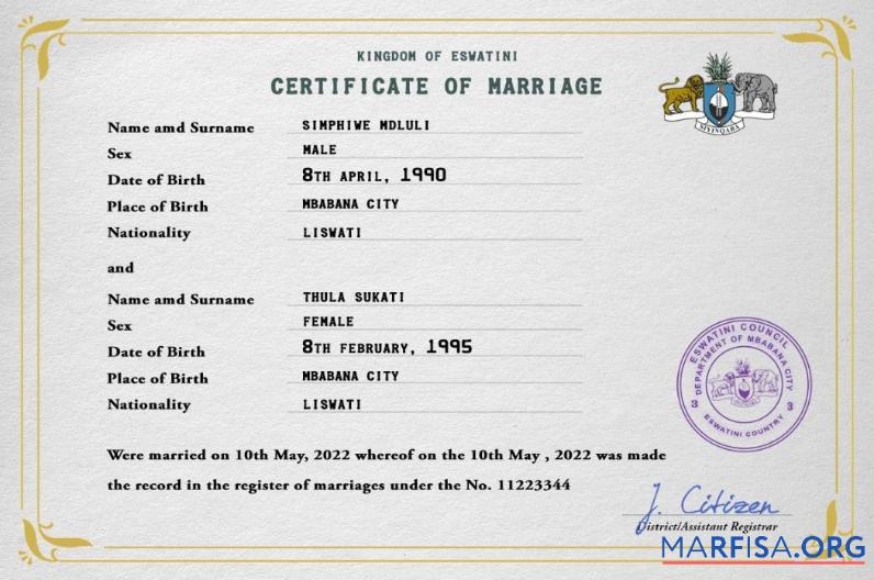 Downloadable Eswatini marriage certificate PSD template